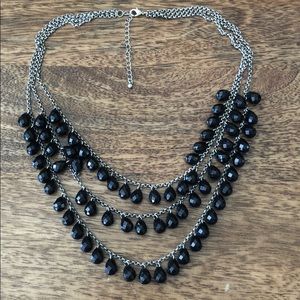 Black Beaded Tiered Necklace w/ silver chain
